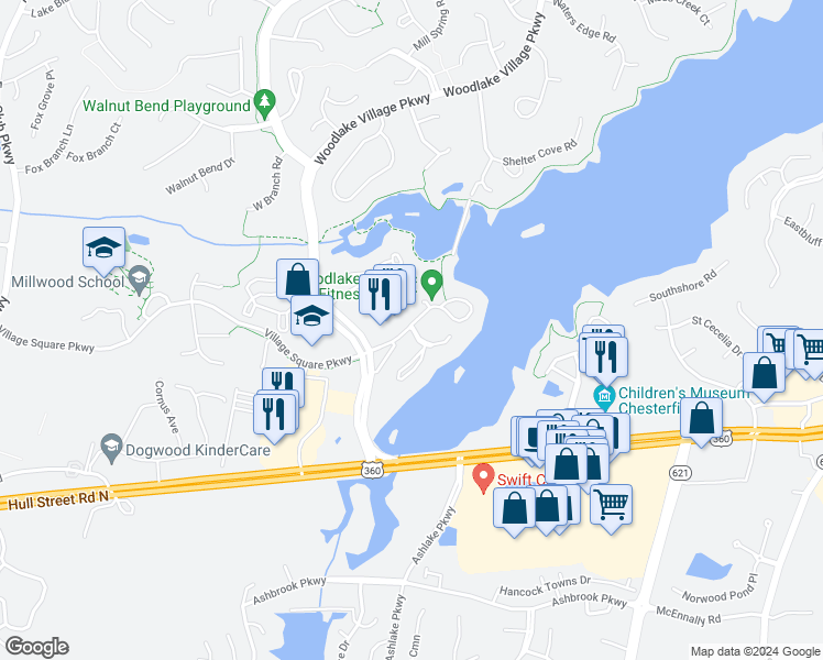 map of restaurants, bars, coffee shops, grocery stores, and more near 112 Water Pointe Court in Midlothian