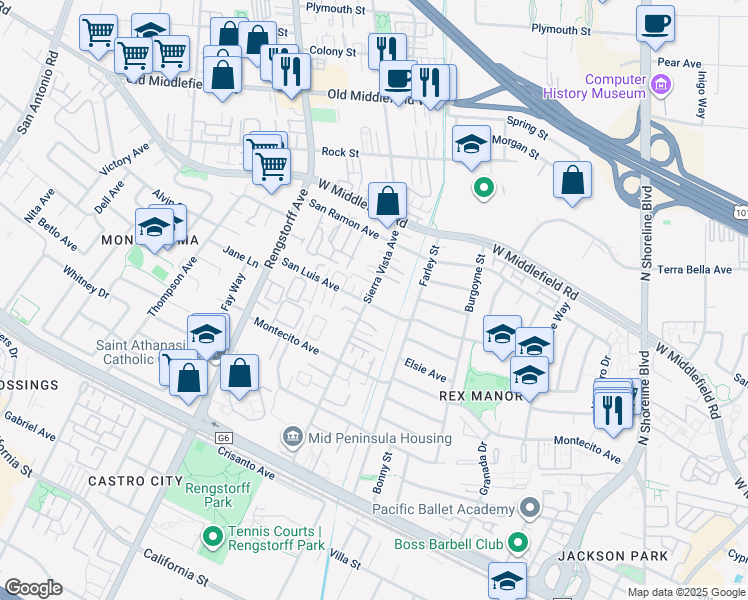 map of restaurants, bars, coffee shops, grocery stores, and more near 421 Sierra Vista Avenue in Mountain View