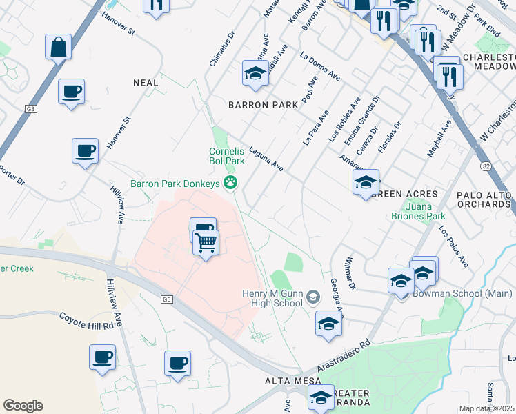 map of restaurants, bars, coffee shops, grocery stores, and more near 1070 McGregor Way in Palo Alto