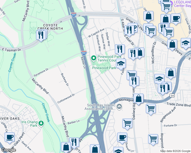map of restaurants, bars, coffee shops, grocery stores, and more near 400 Timber Way in Milpitas
