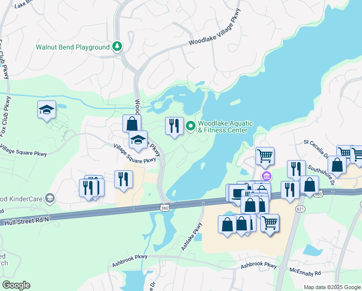 map of restaurants, bars, coffee shops, grocery stores, and more near 102 Water Pointe Court in Midlothian