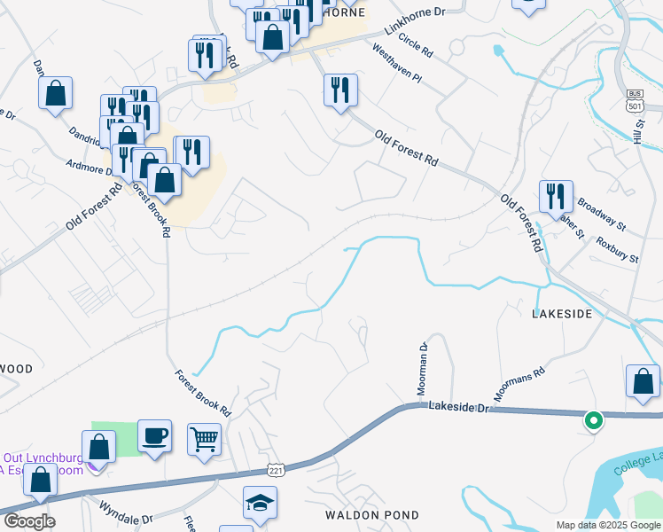 map of restaurants, bars, coffee shops, grocery stores, and more near 104 Brenleigh Court in Lynchburg