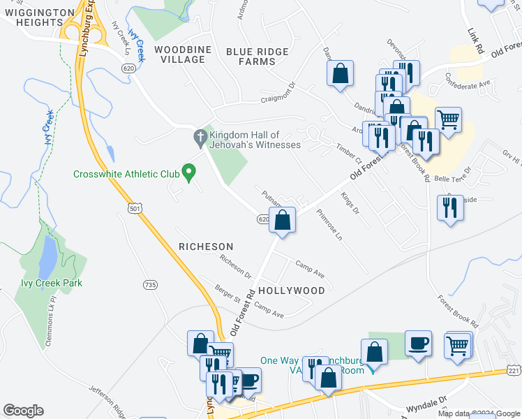 map of restaurants, bars, coffee shops, grocery stores, and more near 120 Wiggington Road in Lynchburg