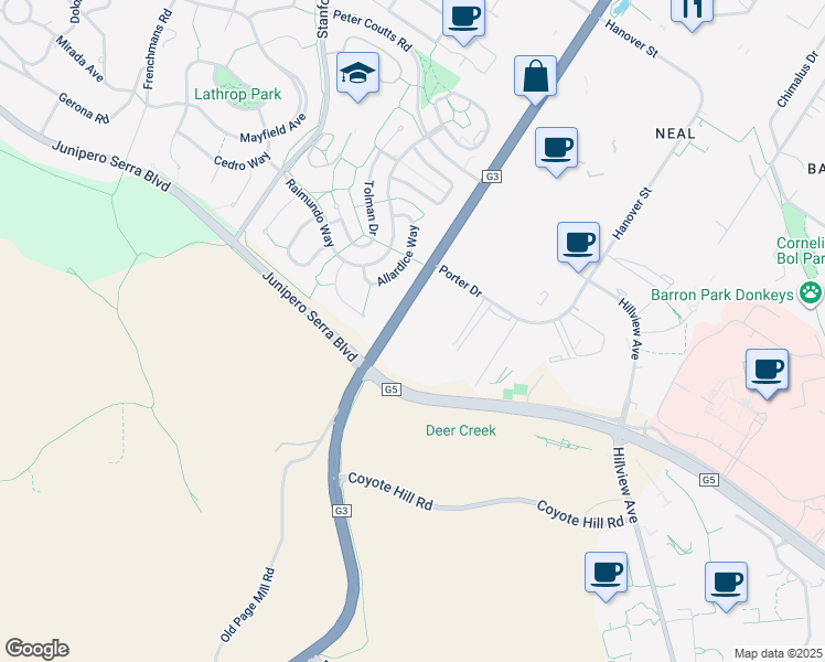 map of restaurants, bars, coffee shops, grocery stores, and more near 1801 Page Mill Rd in Palo Alto