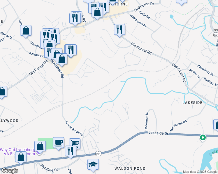 map of restaurants, bars, coffee shops, grocery stores, and more near 111 Brenleigh Court in Lynchburg