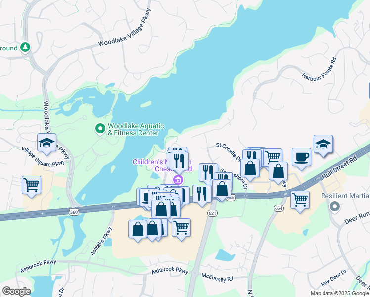 map of restaurants, bars, coffee shops, grocery stores, and more near 6425 Lookout Point Circle in Midlothian