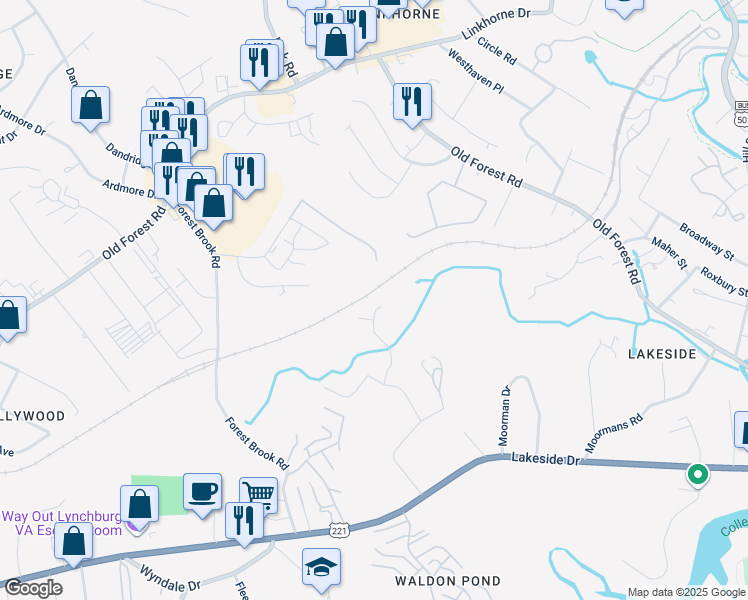 map of restaurants, bars, coffee shops, grocery stores, and more near 111 Brenleigh Court in Lynchburg