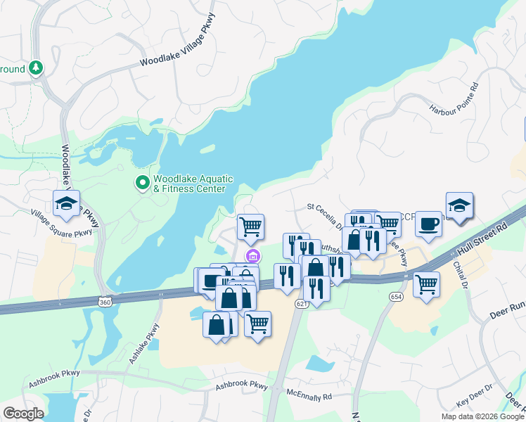 map of restaurants, bars, coffee shops, grocery stores, and more near 6425 Lookout Point Circle in Midlothian