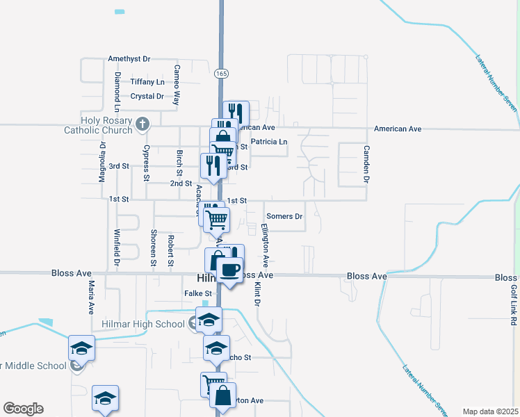 map of restaurants, bars, coffee shops, grocery stores, and more near 8225 Ellington Avenue in Hilmar