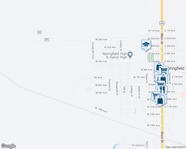 map of restaurants, bars, coffee shops, grocery stores, and more near 28618 County Road 24.6 in Springfield