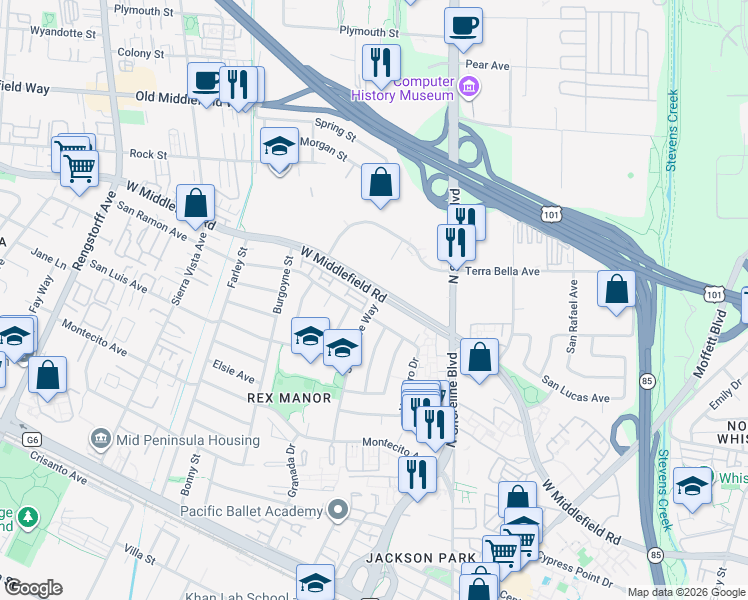 map of restaurants, bars, coffee shops, grocery stores, and more near 980 San Pierre Way in Mountain View