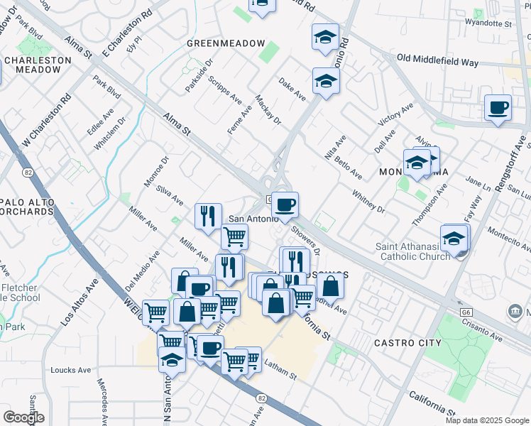 map of restaurants, bars, coffee shops, grocery stores, and more near 201 San Antonio Circle in Mountain View