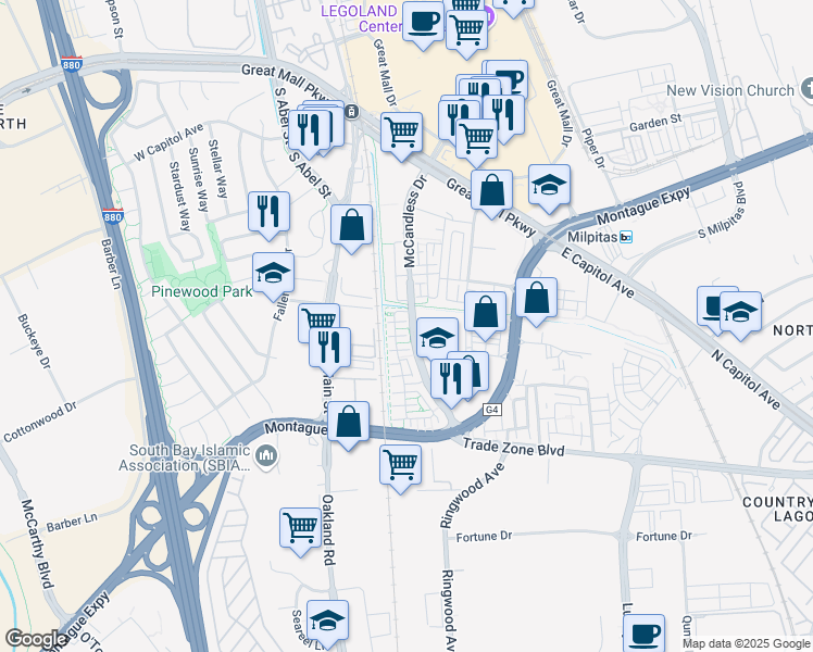 map of restaurants, bars, coffee shops, grocery stores, and more near 1690 McCandless Drive in Milpitas
