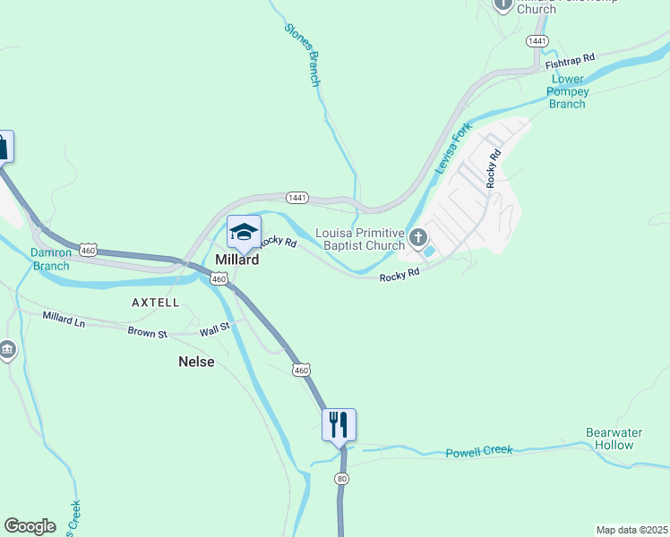 map of restaurants, bars, coffee shops, grocery stores, and more near 20 Rocky Road in Pikeville