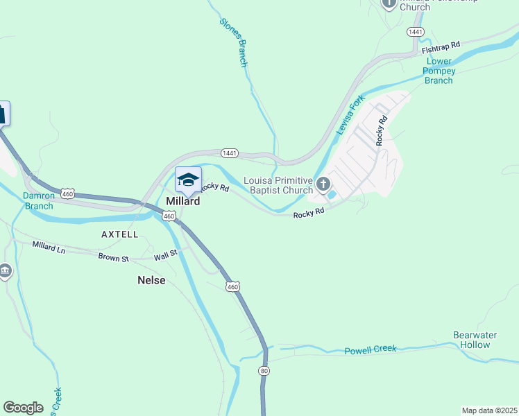 map of restaurants, bars, coffee shops, grocery stores, and more near 20 Rocky Road in Pikeville