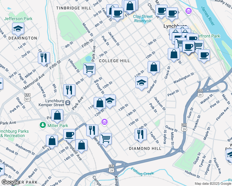 map of restaurants, bars, coffee shops, grocery stores, and more near 1104 Wise Street in Lynchburg