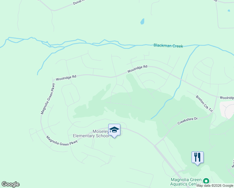 map of restaurants, bars, coffee shops, grocery stores, and more near 18101 Ruby Hill Court in Moseley