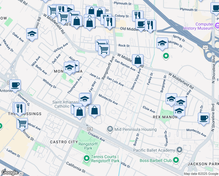map of restaurants, bars, coffee shops, grocery stores, and more near 326 Cherokee Loop in Mountain View