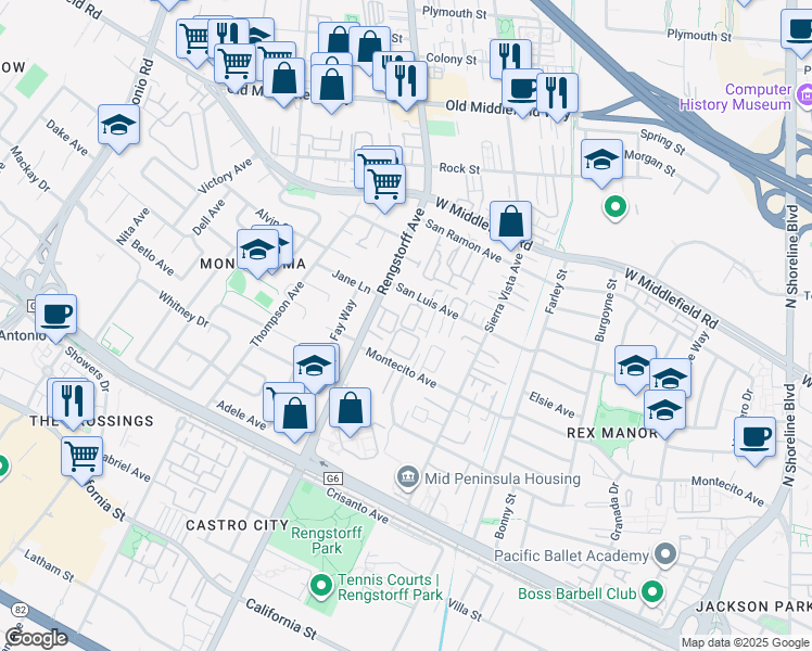 map of restaurants, bars, coffee shops, grocery stores, and more near 326 Cherokee Loop in Mountain View