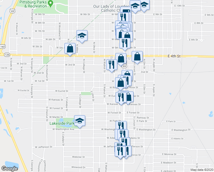 map of restaurants, bars, coffee shops, grocery stores, and more near 210 West Rose Street in Pittsburg