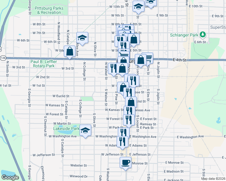 map of restaurants, bars, coffee shops, grocery stores, and more near 205 West Rose Street in Pittsburg