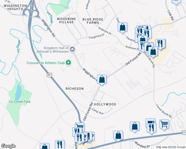 map of restaurants, bars, coffee shops, grocery stores, and more near 118-120 Wiggington Road in Lynchburg