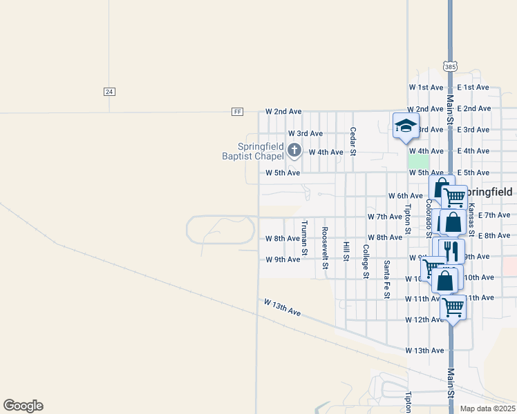 map of restaurants, bars, coffee shops, grocery stores, and more near 28618 County Road 24.6 in Springfield