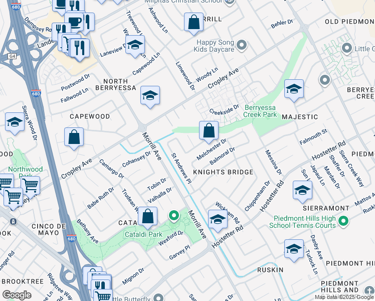 map of restaurants, bars, coffee shops, grocery stores, and more near 3053 Melchester Drive in San Jose