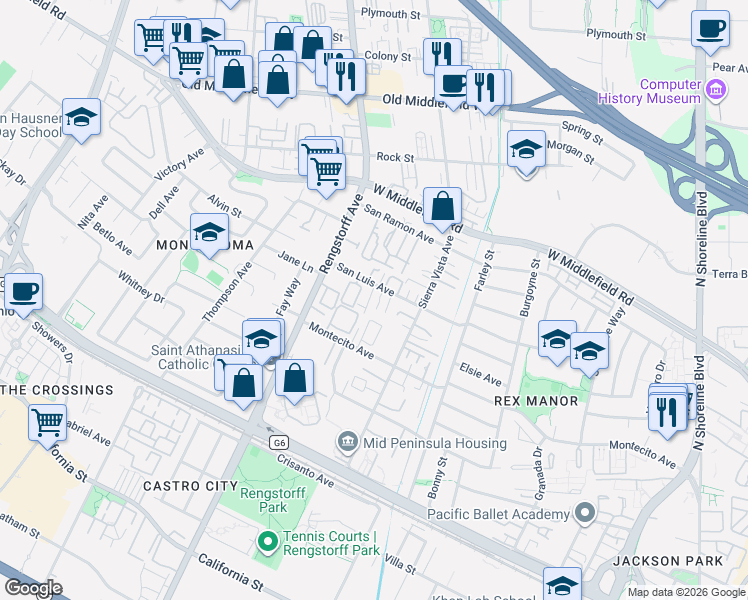 map of restaurants, bars, coffee shops, grocery stores, and more near 328 Marquetta Circle in Mountain View