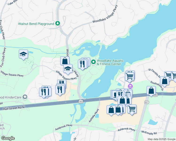 map of restaurants, bars, coffee shops, grocery stores, and more near 14742 Village Square Place in Midlothian