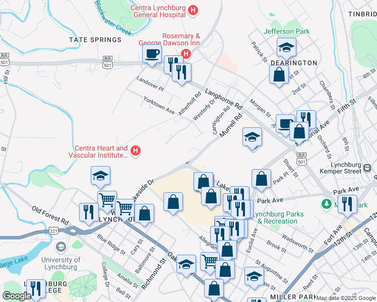 map of restaurants, bars, coffee shops, grocery stores, and more near 2249 Murrell Road in Lynchburg