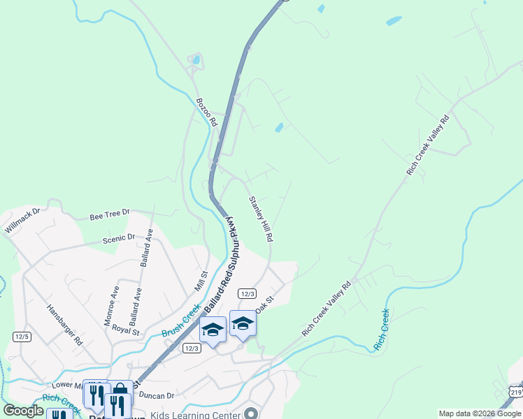 map of restaurants, bars, coffee shops, grocery stores, and more near 154 Stanley Hill Road in Peterstown