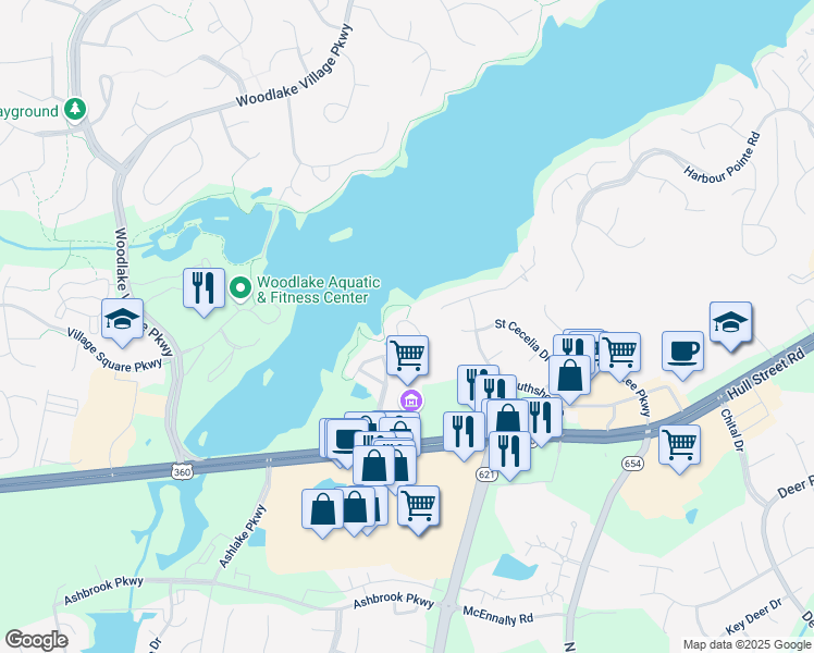 map of restaurants, bars, coffee shops, grocery stores, and more near 6324 Lookout Point Circle in Midlothian