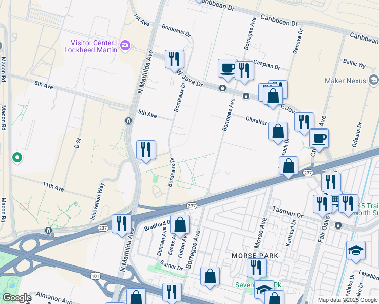 map of restaurants, bars, coffee shops, grocery stores, and more near 1190 Bordeaux Drive in Sunnyvale