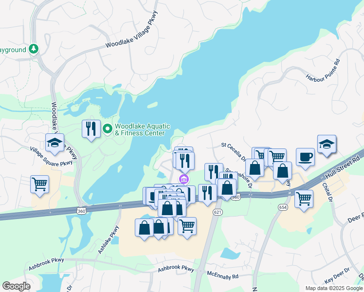 map of restaurants, bars, coffee shops, grocery stores, and more near 6324 Lookout Point Circle in Midlothian