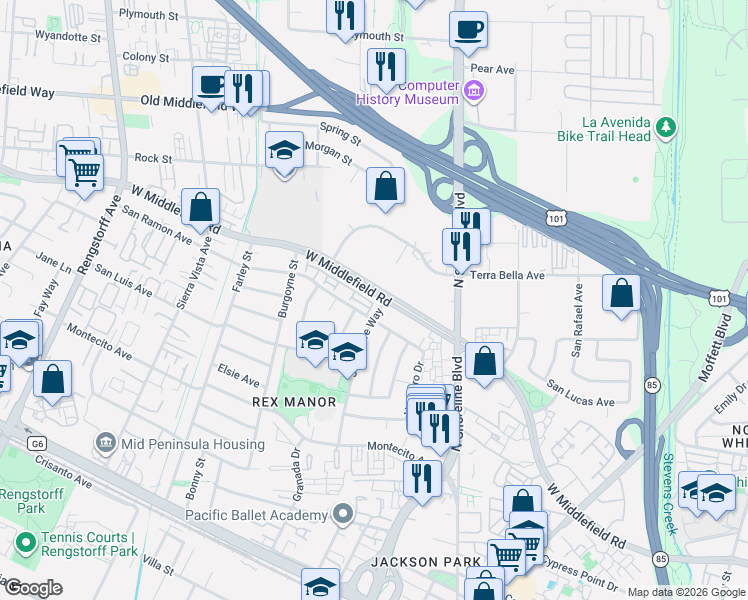 map of restaurants, bars, coffee shops, grocery stores, and more near 1545 West Middlefield Road in Mountain View