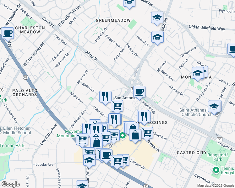 map of restaurants, bars, coffee shops, grocery stores, and more near 210 San Antonio Circle in Mountain View