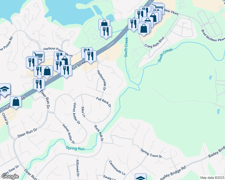 map of restaurants, bars, coffee shops, grocery stores, and more near 7107 Harbourside Court in Midlothian