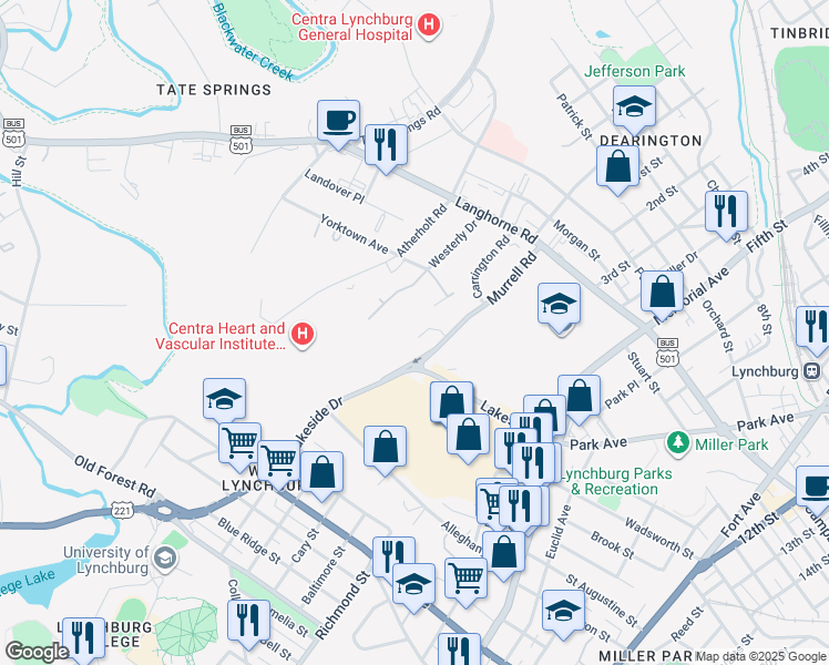 map of restaurants, bars, coffee shops, grocery stores, and more near 2249 Murrell Road in Lynchburg