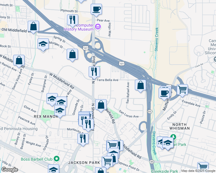 map of restaurants, bars, coffee shops, grocery stores, and more near 960 Linda Vista Avenue in Mountain View