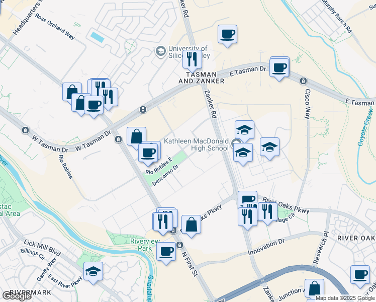 map of restaurants, bars, coffee shops, grocery stores, and more near 130 Descanso Drive in San Jose