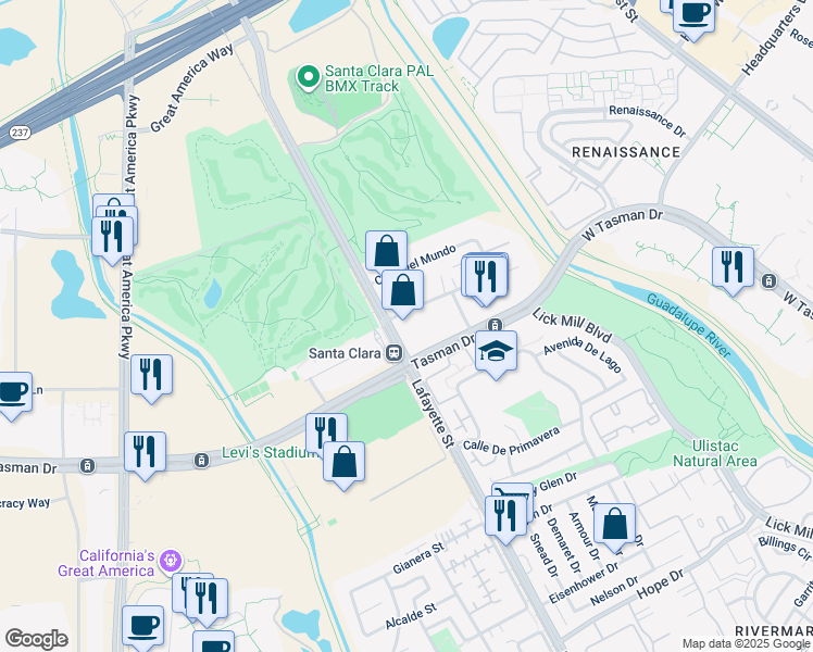 map of restaurants, bars, coffee shops, grocery stores, and more near 5101 Lafayette Street in Santa Clara