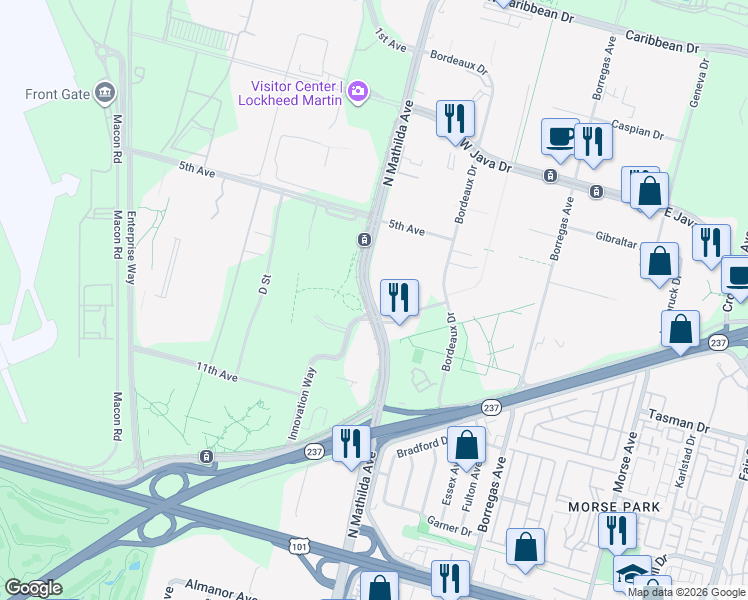 map of restaurants, bars, coffee shops, grocery stores, and more near c260 North Mathilda Avenue in Sunnyvale