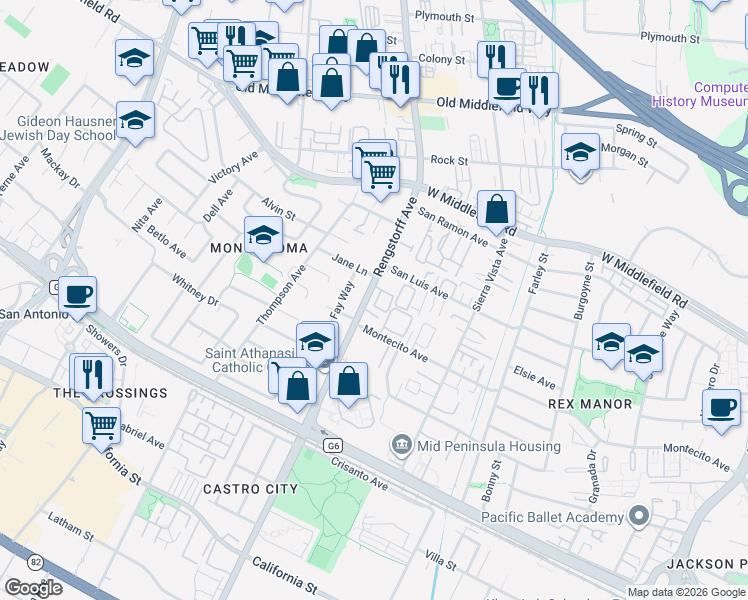 map of restaurants, bars, coffee shops, grocery stores, and more near 323 Serra San Bruno in Mountain View