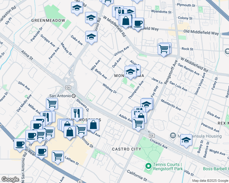 map of restaurants, bars, coffee shops, grocery stores, and more near 2438 Parker Street in Mountain View
