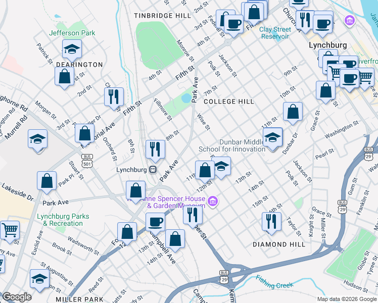 map of restaurants, bars, coffee shops, grocery stores, and more near 1003 Fillmore Street in Lynchburg