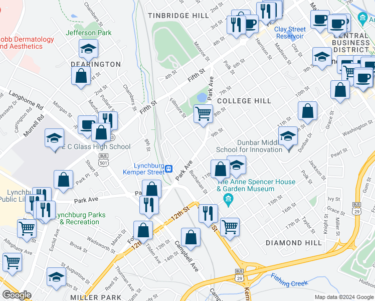map of restaurants, bars, coffee shops, grocery stores, and more near 817 Pierce Street in Lynchburg