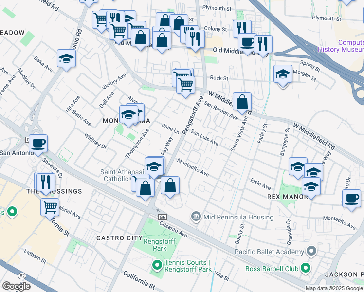 map of restaurants, bars, coffee shops, grocery stores, and more near 347 North Rengstorff Avenue in Mountain View