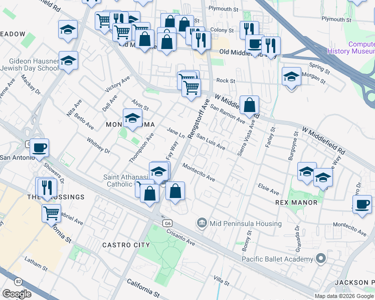 map of restaurants, bars, coffee shops, grocery stores, and more near 323 Serra San Bruno in Mountain View