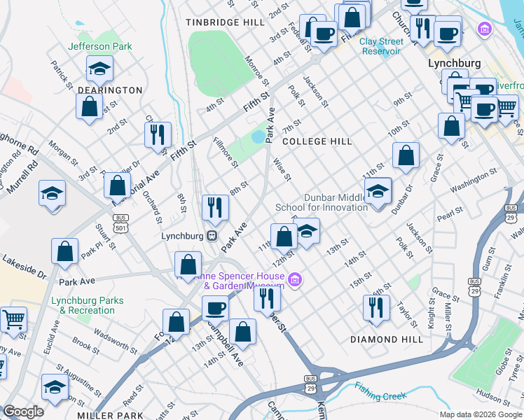 map of restaurants, bars, coffee shops, grocery stores, and more near 1003 Fillmore Street in Lynchburg